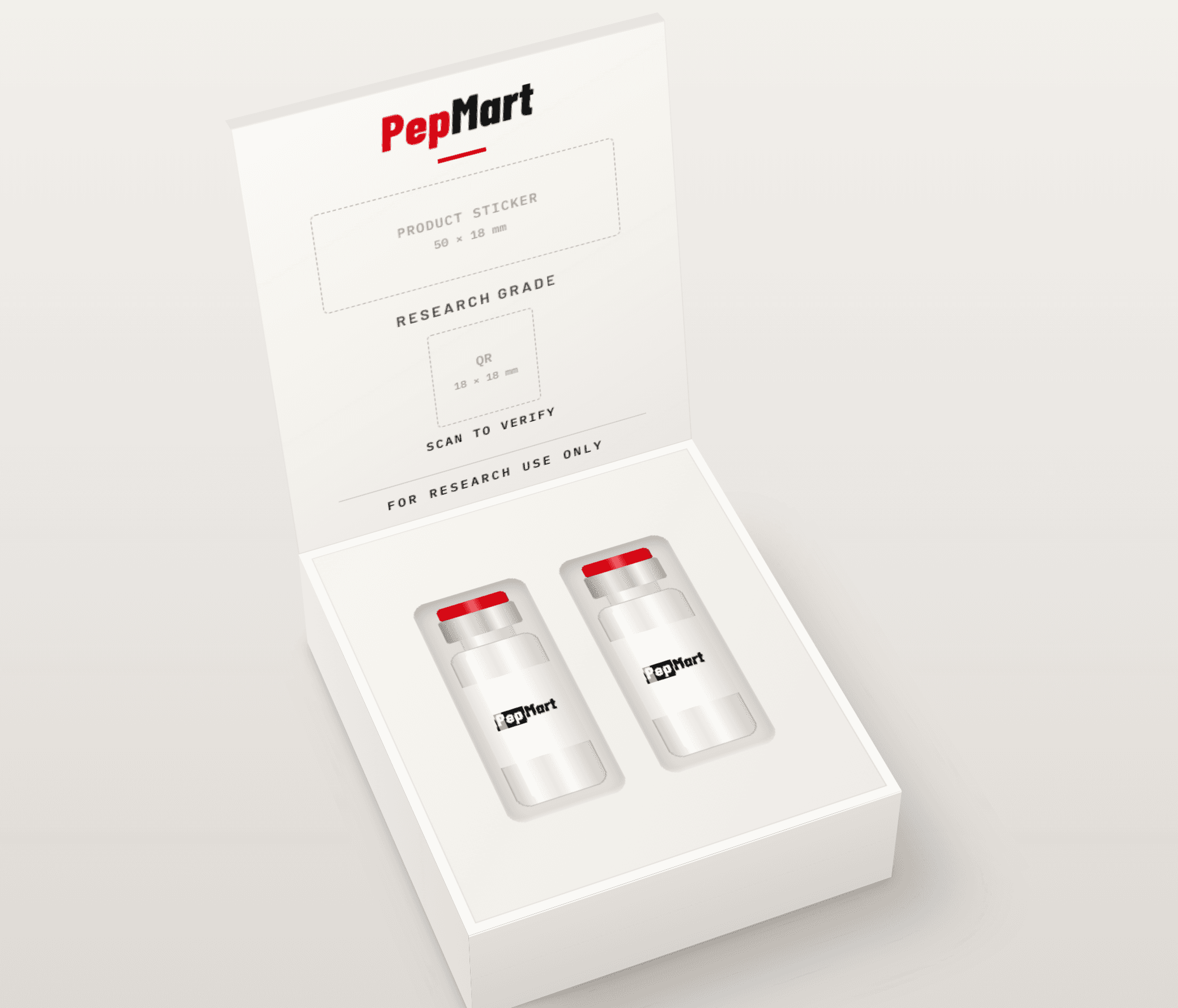 Open white PepMart box with two vials and the scan-to-verify QR area inside the lid